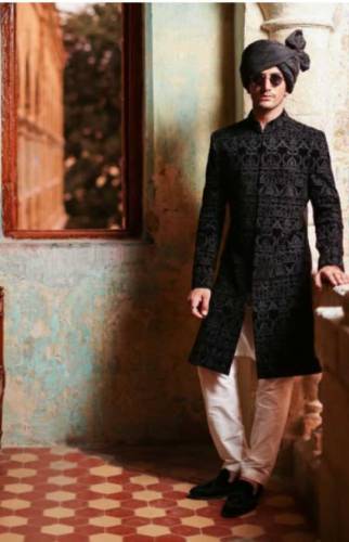 black velvet embroided sherwani