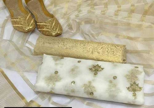 3 PCs Women's Unstitched Katana Silk Embroidered Suit With Free Khussa
