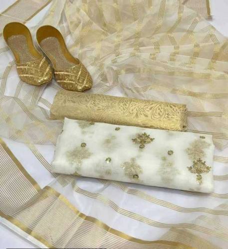 3 PCs Women's Unstitched Katana Silk Embroidered Suit With Free Khussa