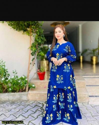 2 piece women stiched linen printed suit