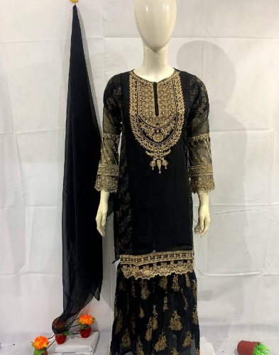 3pcs woman Stitched Embroidered  sharara 