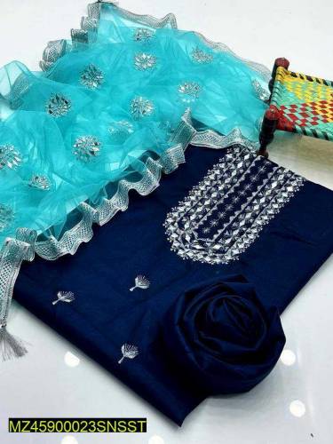 3 piece women's unstitched kotan silk Embroidered  Suit 