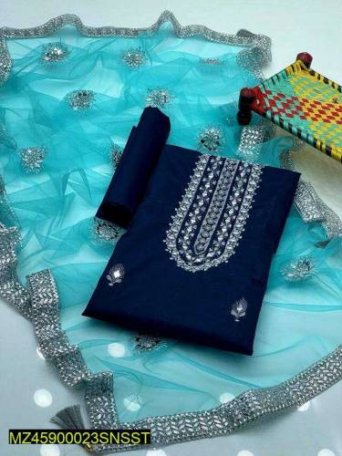 3 piece women's unstitched kotan silk Embroidered  Suit 