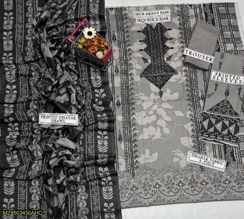 3 pcs woman unstitched dhanak embroidered suit 