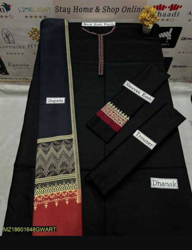 3 Piece Women's Unstiched Dhanak Embroided suits