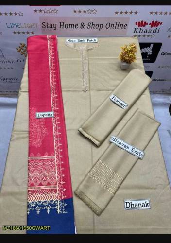 3 Piece Women's Unstiched Dhanak Embroided suits