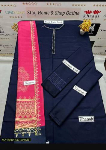 3 Piece Women's Unstiched Dhanak Embroided suits