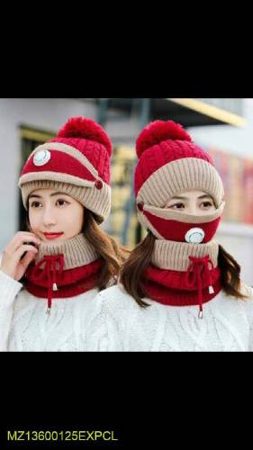 Pom Pom Beanie wool Cap with Neck warmer 