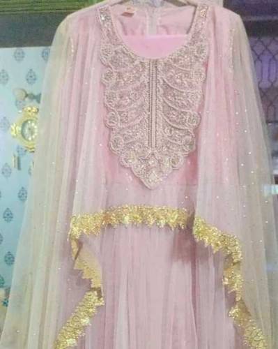 net maxi with pearls and embroidery, heavy work on neck with pearls