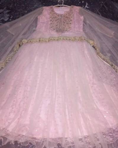 net maxi with pearls and embroidery, heavy work on neck with pearls