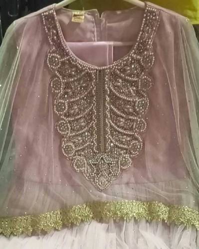 net maxi with pearls and embroidery, heavy work on neck with pearls