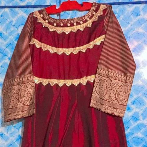 silk printed long frock, work with pearls, 2 piece