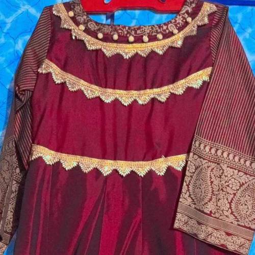 silk printed long frock, work with pearls, 2 piece