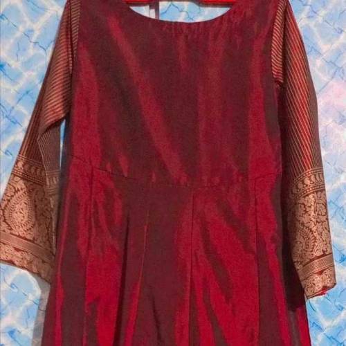 silk printed long frock, work with pearls, 2 piece