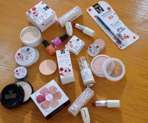 1 MISS ROSE kajal2 lipstick MISS ROSE1 foundation 3D loose powder1 Mis