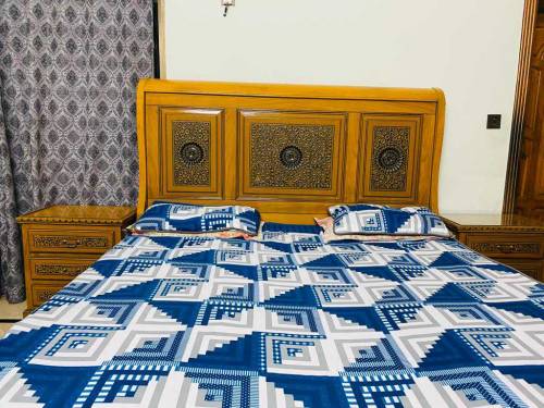 brand new wooden bed set with side tables and modern dressing table