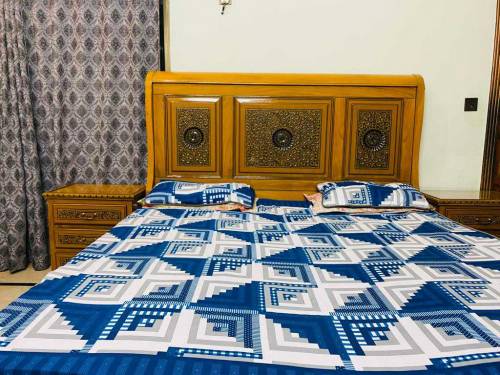 brand new wooden bed set with side tables and modern dressing table