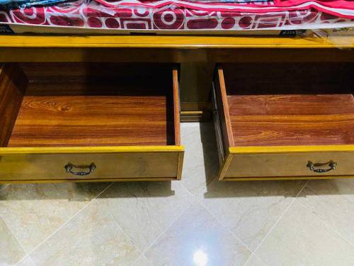 brand new wooden bed set with side tables and modern dressing table