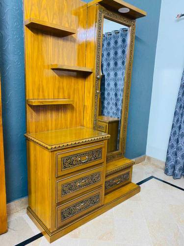 brand new wooden bed set with side tables and modern dressing table