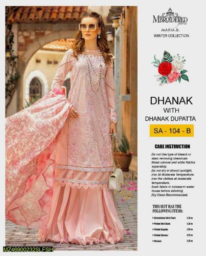 3 Pcs woman's unstitched Dhanak Embroidered Suit 