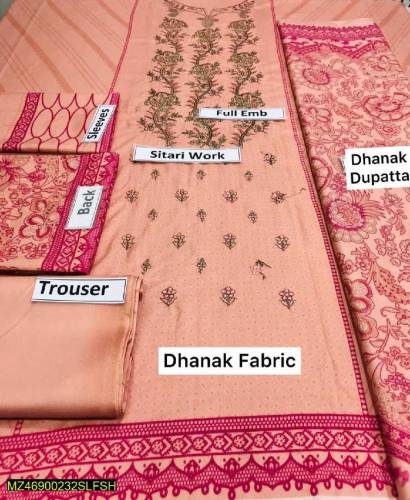 3 Pcs woman's unstitched Dhanak Embroidered Suit 