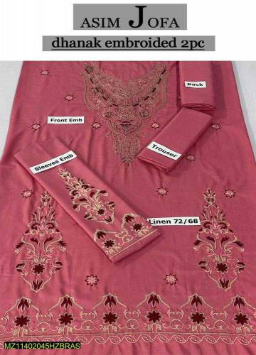 3 piece women's unstitched Dhanak Embeoidered suit.