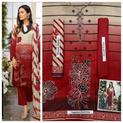 Brand Mix | 3pc Neck Embroidered Dhanak with dhanak shawl