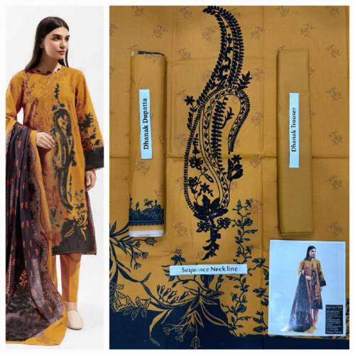 Brand Mix | 3pc Neck Embroidered Dhanak with dhanak shawl