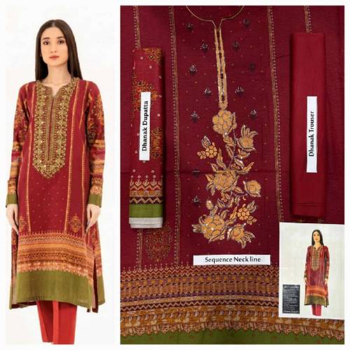 Brand Mix | 3pc Neck Embroidered Dhanak with dhanak shawl