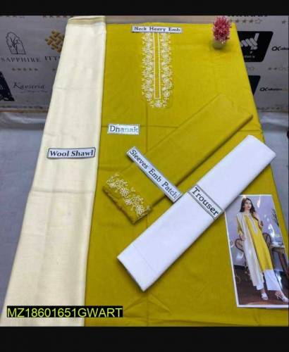 3 Piece women's unstiched dhanak embroided suit 