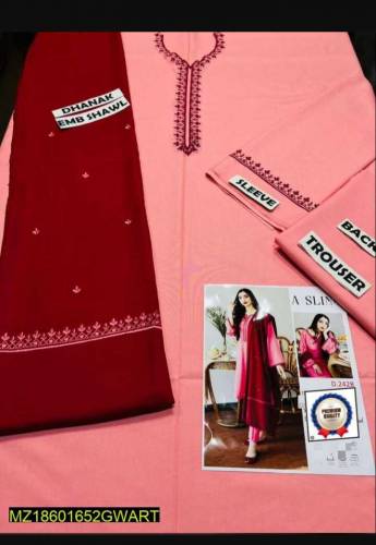 3 Piece women's unstiched dhanak embroided suit 