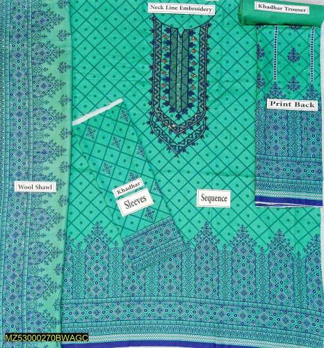 3pc woman unstitched khadder embrodered suit 