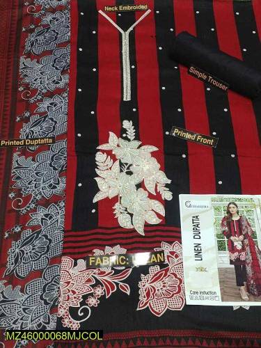 3 PCs woman unstitched linen embrodered suit 