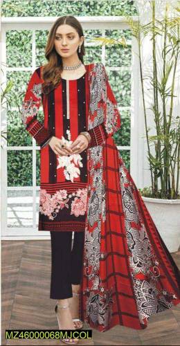 3 PCs woman unstitched linen embrodered suit 