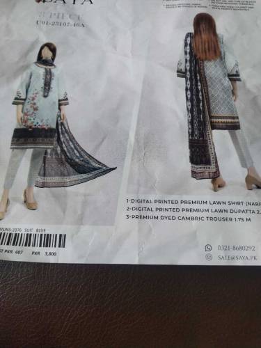 SAYA 3pc lawn original unstitched cloth available 