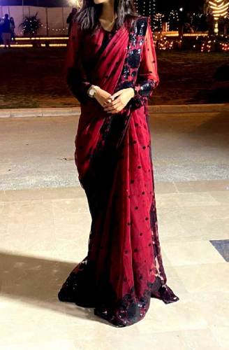 Net Saree Sqance Work With Sleeve And Blouse