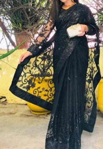 Net Saree Sqance Work With Sleeve And Blouse