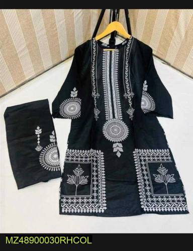 2 Pcs Woman's Stitched Linen printed Suit 