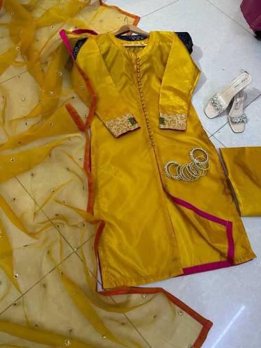 #partywearIndian Rawsilk Embd 3pc stiched dress free delivery