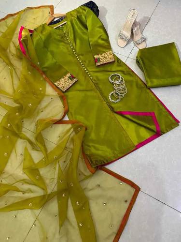 #partywearIndian Rawsilk Embd 3pc stiched dress free delivery