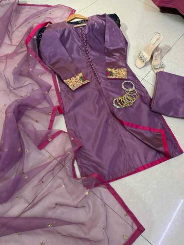 #partywearIndian Rawsilk Embd 3pc stiched dress free delivery