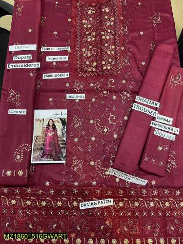 3 Pcs Women's Unstitched Dhanak Embroidered suit