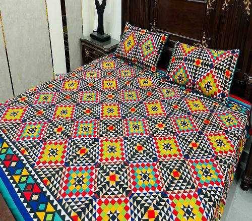 3 Pcs Printed Crystal Cotton Double Bedsheet