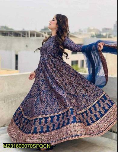 3 Pcs Women's Stitched Silk Block Print Maxi