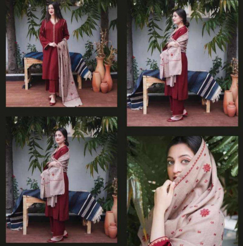 3 Pcs Women's Unstitched Dhanak Embroidered Suit