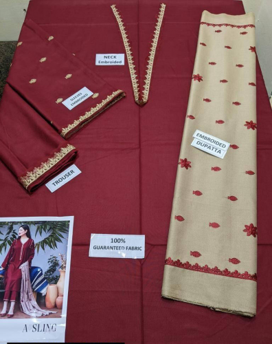3 Pcs Women's Unstitched Dhanak Embroidered Suit