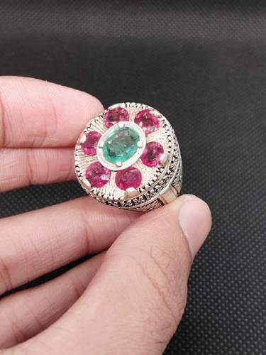 original emerald with original rubellite gemstone ring 