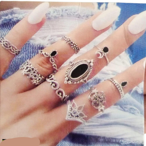 Silver and black rings set,pack of 10
