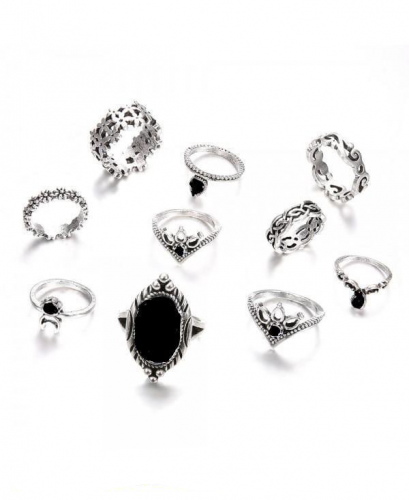 Silver and black rings set,pack of 10