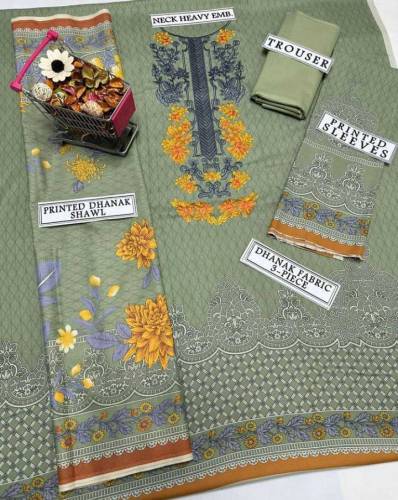 3 PCs women unstitched dhanak plain suit 